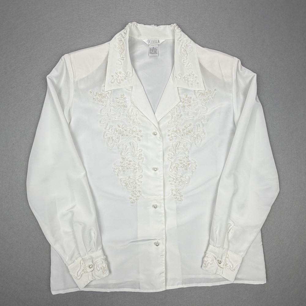 Vintage Sellecca White Soutache Pearl Embroidered Button Down Blouse Womens 12